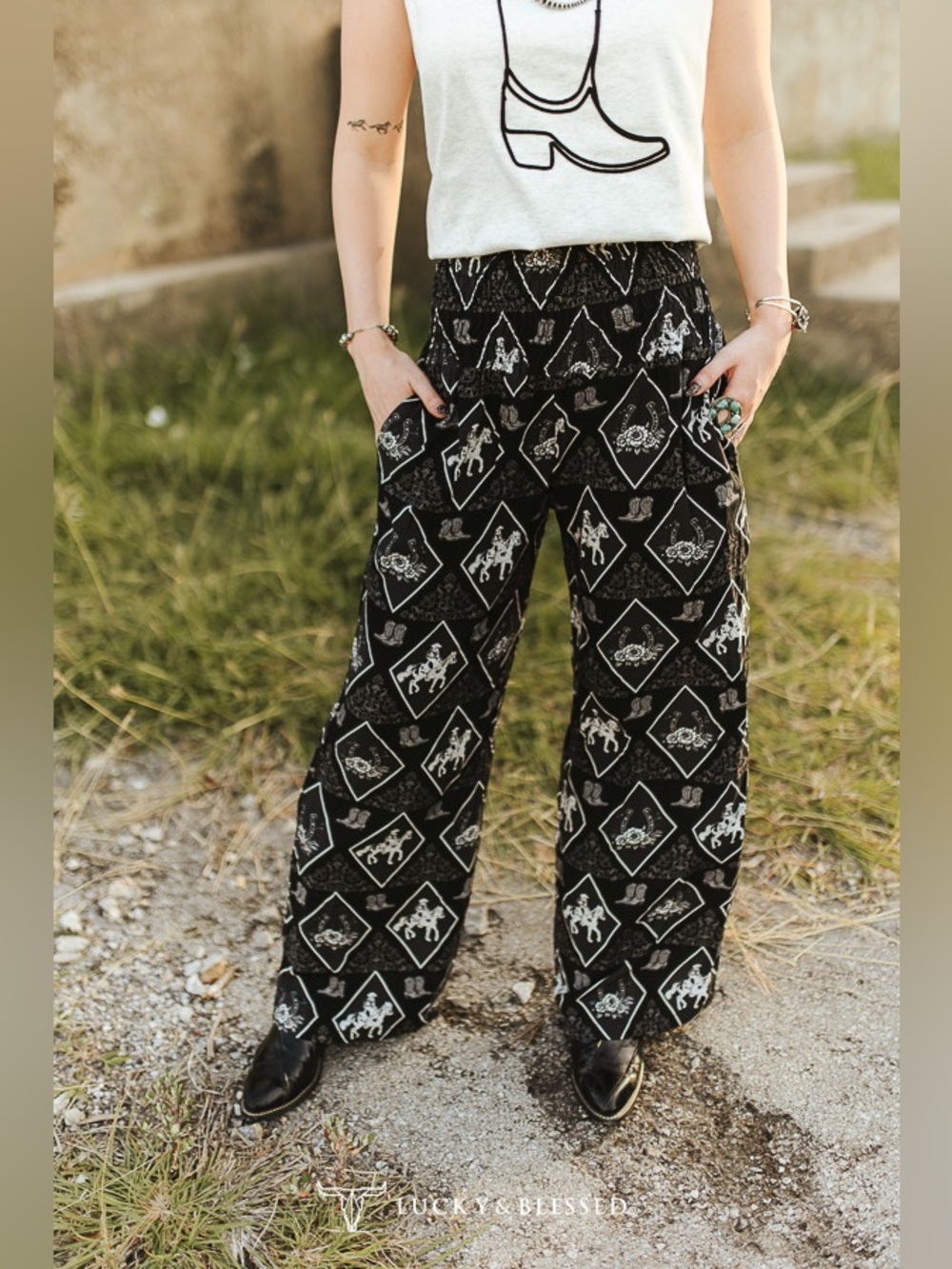 Lucky & Blessed Cowboy Printed Smock Elastic Waistband Black and White Pants